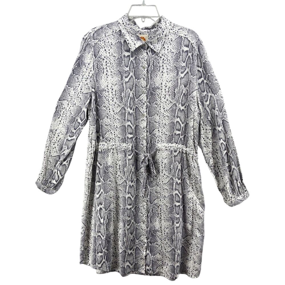 C&C California Dress Sz L Shirt Dress Snake Print Buttons Belted Tie Long Sleeve